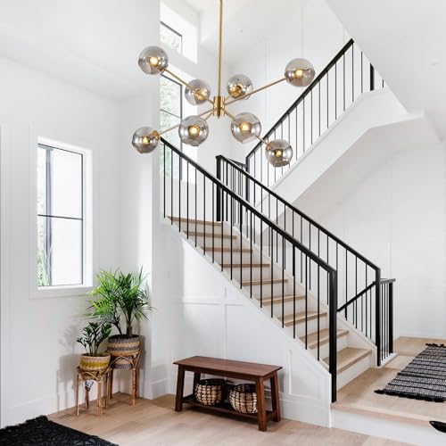 Modern Vintage Globe Sputnik Chandelier Gold Smoked Gray Glass Light Fixture Large 8 Light Mid Century Brushed Brass Pendant Light Kitchen Island Contemporary Ball Hanging Lamp