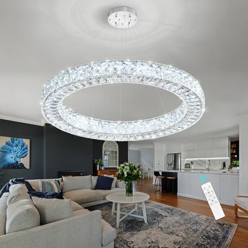 Modern Chandelier Glam Dimmable LED Crystal Chandeliers Luxury Remote Ceiling Pendants Lighting Fixtures for Dining Room Bedroom Living Room Silver