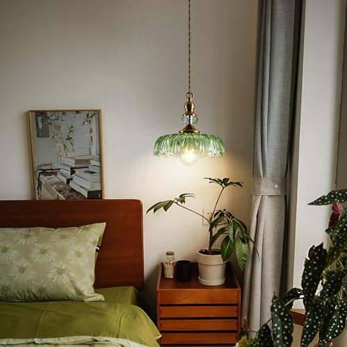 Vintage Glass Pendant Light Fixture Green Adjustable Chandelier Modern Gold Hanging Ceiling Light for Farmhouse Dining Room Living Room Bedroom Entryway Kitchen Island