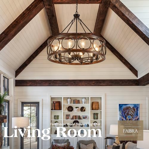 10 Light Farmhouse Drum Wood Pendant Light
