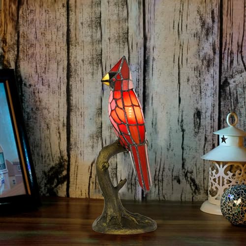 A0011 Cardinal Tiffany Style Table Lamp Handmade Stained Glass Red Bird Lamp in Height 14.5" Overall for Bedside Livingroom Bedroom Home