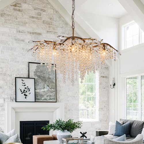 Farmhouse Tree Branch Bronze Crystal Chandelier for Dining Room