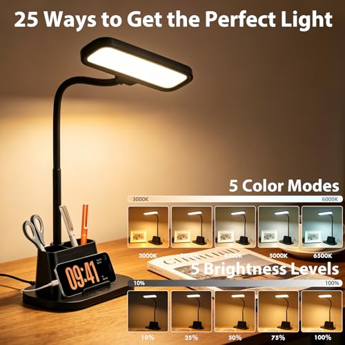 LED Desk Lamp for Dorm Small Desk Lamp with Pen Holder 5 Color Modes Black (Black)