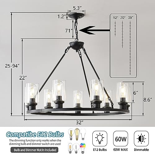 Black Wagon Wheel Chandelier 32 Inch Modern Farmhouse Glass Pendant Light 9
