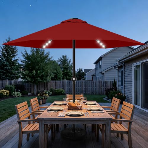 Patio Umbrella 9FT Solar Lights Push Up Outdoor Market Umbrella Dark Red