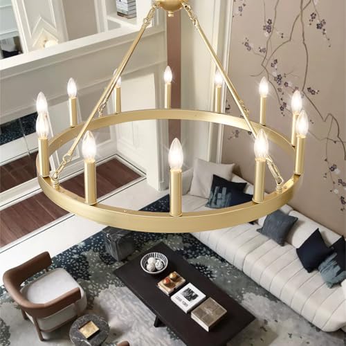 Gold Wagon Wheel Chandelier 32" 12