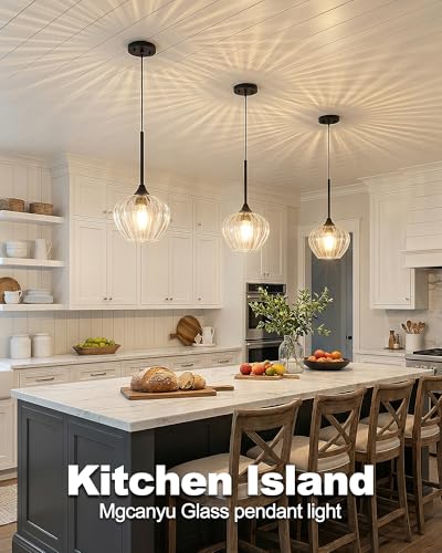 2 Pack Black Pendant Lights Kitchen Island with Ribbed Glass Shade (2 Count)