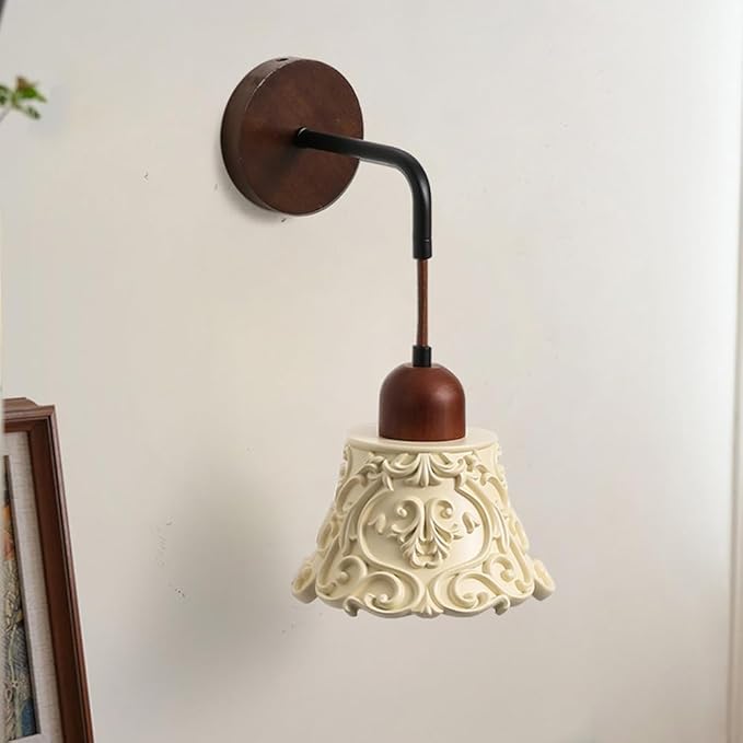 Modern Resin Wall Sconce Lighting Nordic Solid Wood Wall Lamp Wabi Sabi Cream Yellow Home Decor Lighting Fixture Cream Yellow Floral Finish, Japanese Style Walnut Wood Art Wall Sconces