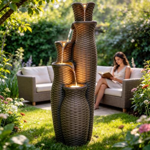 33" Faux Rattan Vase Water Fountain Outdoor with Warm LED Lights