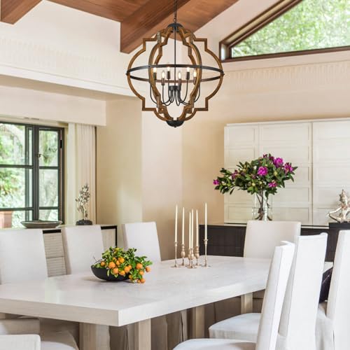 31.96" 8 Light Brown Oak Wood Drum Pendant Light for Dining Room