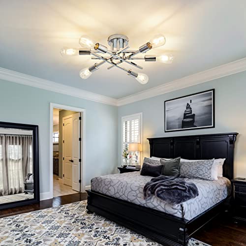 6 Lights Semi Flush Mount Ceiling Light Fixture Modern Chrome Matte Sputnik Chandelier Farmhouse Ceiling Lighting for Kitchen Bedroom Dining Room Living Room