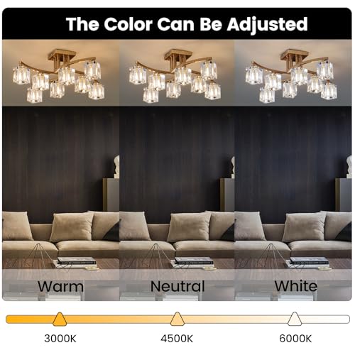 Modern Crystal Ceiling Light Fixture Gold Semi Flush Mount Ceiling Light with 8