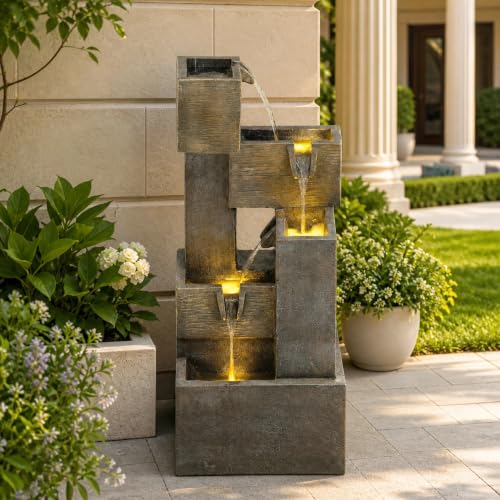 32.5" 5 Tier Outdoor Water Fountain LED Cascading Waterfall