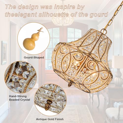 4 Light Antique Gold Gourd Beaded Chandelier