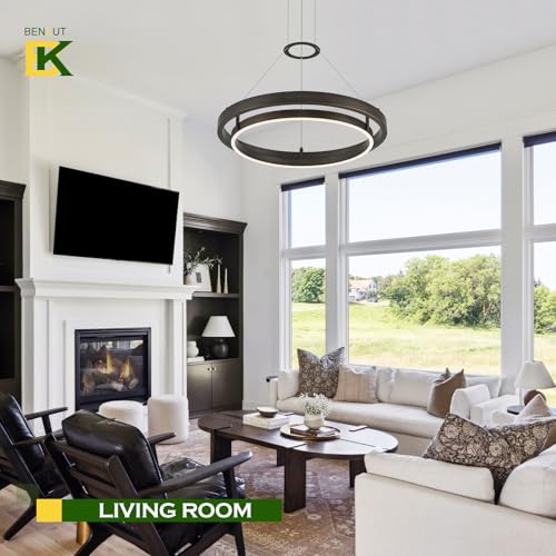 Modern LED Chandelier Vintage Black Brown Dimmable Circular LED Pendant Light with Remote Ring Chandelier Dining Room Light Fixtures for Kitchen Island Living Room Entryway