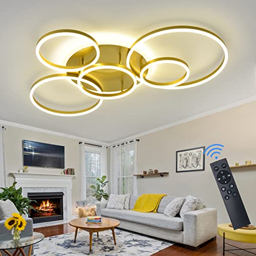 Modern LED Ceiling Light Gold Dimmable 5 Rings Flush Mount Ceiling Light Fixtures with Remote Control 106W 10000LM Ceiling Lighting for Living Room Bedroom Kitchen Dining Room 3000