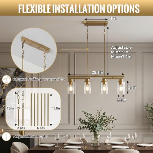 4 Light Brushed Gold Linear Chandelier