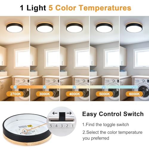 Dimmable LED Wood Black Round Flush Mount Ceiling Light 11.81 Inch