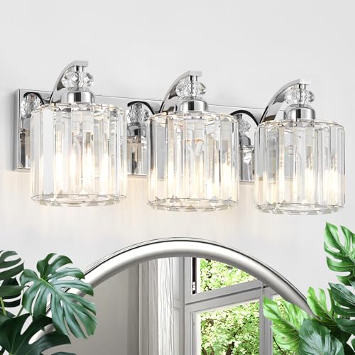 3 Light Modern Bathroom Light Fixture Chrome Vanity Lights Over Mirror Wall Sconce Lighting with K9 Crystal Shades Bathroom Wall Lamp E26 Base for Bedroom