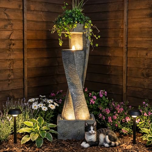 47.2" H Garden Fountains Outdoor Modern Water Fountain Indoor Floor Standing Large Waterfall with LED Lights and Pump for Patio Decor