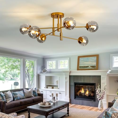 6 Lights Glass Globe Chandelier Modern Flush Mount Ceiling Light Fixture Gold Farmhouse Lighting for Dining Room Living Room Bedroom Kitchen Passageway