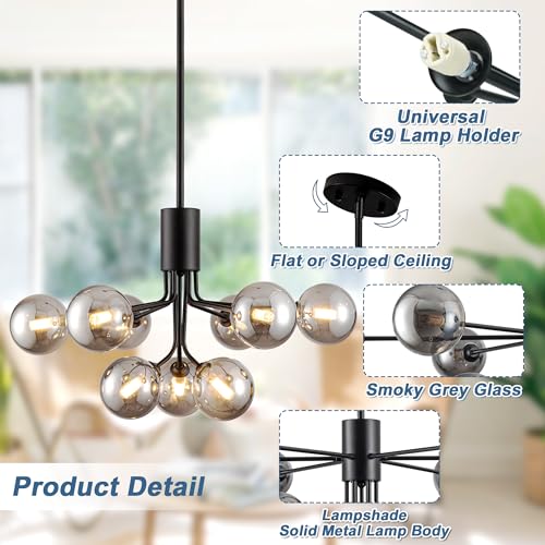 9 Light Smoked Glass Chandelier Globe Sputnik Chandeliers Dia 26.7''