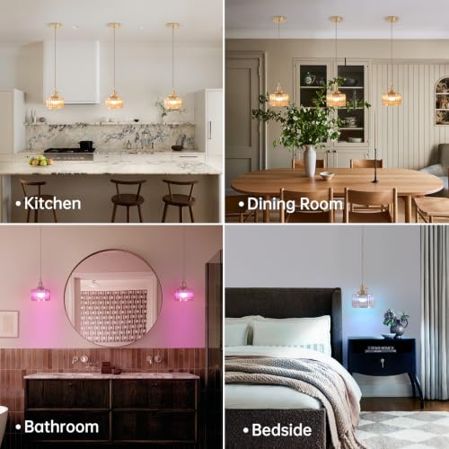 Battery Operated Pendant Light 5000mAh Rechargeable Chandelier with Remote Control Wireless Adjustable Hanging Amber Striped Light for Kitchen Island Dining Room Hallway (2 Count)