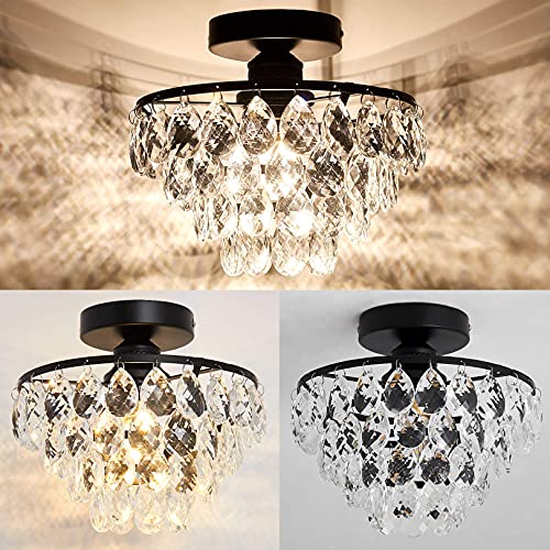 Modern Small Crystal Ceiling Light Fixture Mini Black Semi Flush Mount Chandelier Light Fixture for Hallway Bedroom Bathroom Closet e26