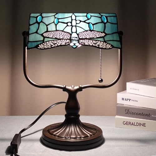 TL0030 Dragonfly Tiffany Banker Desk Lamp Stained Glass Green Shade with Vintage Bronze Base W10.25 X OH13 Inches