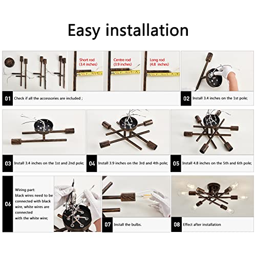 6 Lights Semi Flush Mount Ceiling Light Fixture Vintage Modern Bronze Matte Sputnik Chandelier Farmhouse Ceiling Lamp for Kitchen Bedroom Dining Room Living Room Entryway