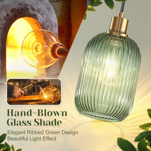 2 Pack Pendant Lights with Vintage Green Ribbed Glass Lampshade (2 Count)