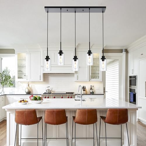 5 Light Black Pendant Lights for Kitchen Island with Clear Glass