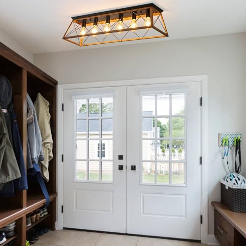 38” Farmhouse Large Flush Mount Ceiling Light Fixture with Walnut Finish