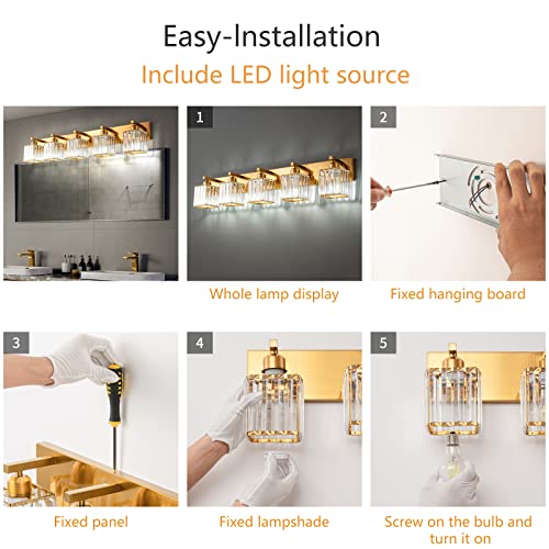 Modern 5 Light Gold Brushed Brass Finish Crystal Wall Light for Bathroom Vanity
