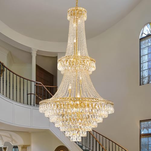 Large Gold Luxury Crystal Chandeliers 26 Lights Modern Chandelier for High Ceilings Crystal Pendant Light Fixture Foyer Staircase Hallway Entryway Banquet Hall Lobby 63" H x 30.7" D