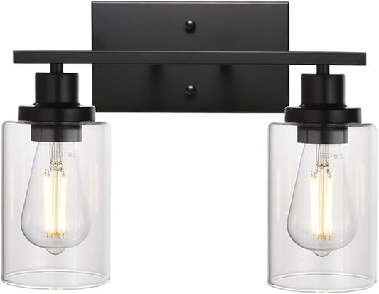 MELUCEE 2-Light Black Wall Sconce Industrial Vintage with Clear Glass Shade and Metal Base, Bathroom Vanity Lights Hallway Light Fixture Sconces Wall Lighting (Patent No.: US D963914 S) - Aura Lighting