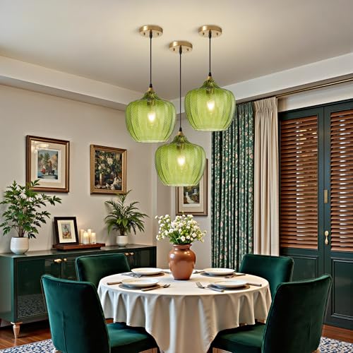 Green Glass Pendant Lights Kitchen Island Gold Hanging Ceiling Light 9.45"