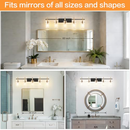 40.1 inch Vintage Brass Bathroom Vanity Light fixtures Bathroom Wall Lights Over Mirror with Glass Shade 5 Light