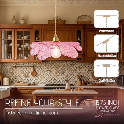 Art Decor Leaf Pendant Light Modern Hanging Ceiling Light Large Vintage Retro Pendant Lights 15.75" Pink Glass Shade for Kitchen Island Dining Room Entryway
