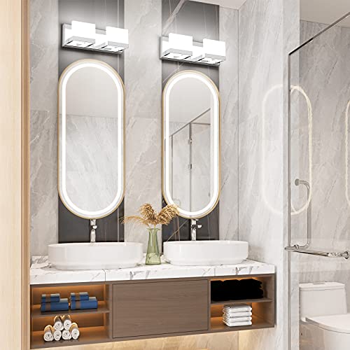 2 Lights Modern Chrome LED Vanity Light for Bathroom Wall Light Up and Down LED Bathroom Light Fixtures Over Mirror