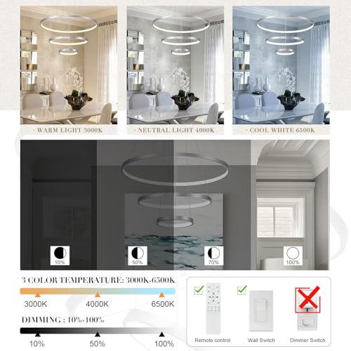 Modern Silver LED Chandeliers 3 Rings Chandelier 23.6" Dimmable LED Pendant Light Fixture Remote Control Contemporary Flush Mount Chandelier for Dining Room Bedroom Foyer