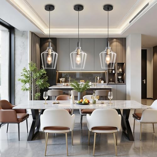 Glass Pendant Lighting for Kitchen Island 3 Pack Black Gold Clear 8 Inch (3 Count)