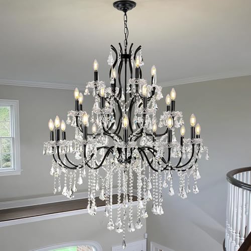 French Country Antique Black Iron Crystal Chandelier