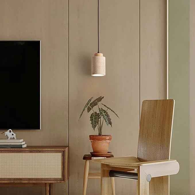Set of 3 Japanese Travertine Hanging Lamps, Cylinder Natural Stone Pendant Lights Kitchen Island Adjustable Small Chandelier for Dining Room Bedside(Wood,11cm/4.33in)