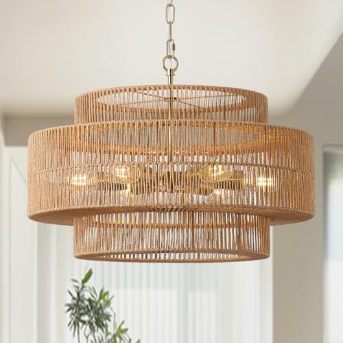 23.6"Large Boho Rattan Farmhouse Chandeliers for Dining Room