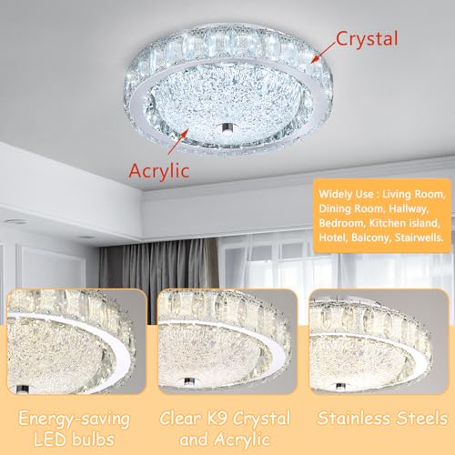 11.8" Modern Mini Crystal Chandelier Dimmable LED Flush Mount Ceiling Light with Remote Control for Bedroom Hallway Dining Room Silver