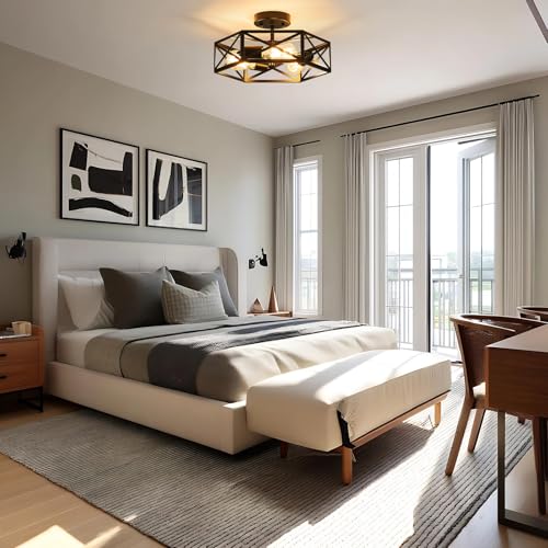 Modern Farmhouse Black Metal Semi Flush Mount Ceiling Light Fixture 14.6 in