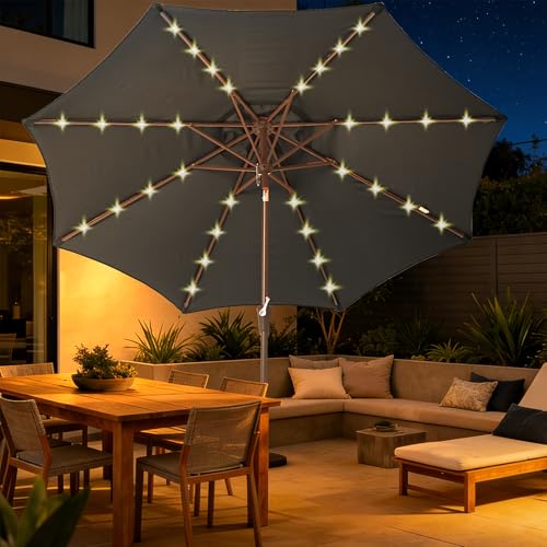 9 FT Outdoor Umbrella with lights pool Umbrella outdoor patio Grey