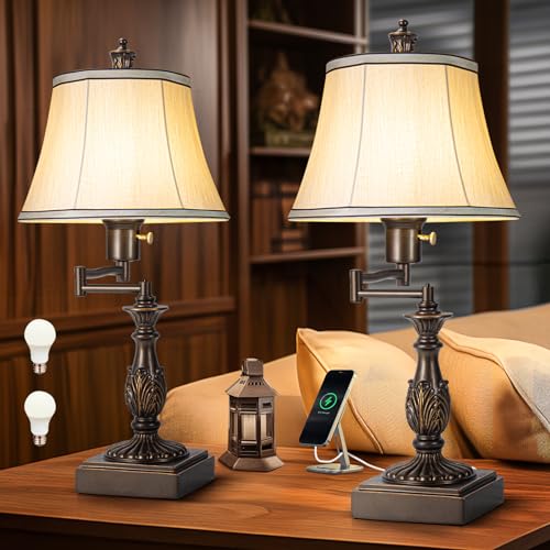 350° Swing Arm Table Lamp Set of 2 with USB Ports for Bedroom