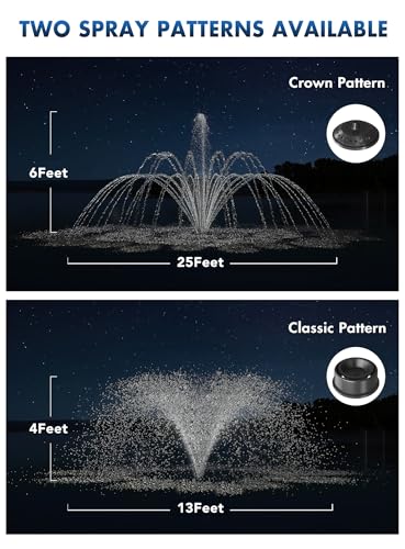 FS02 110V, 1/2 HP Large Pond Floating Fountain, Oil Free Pump 9000 GPH with 100’ Cord, Two Spray Patterns Included